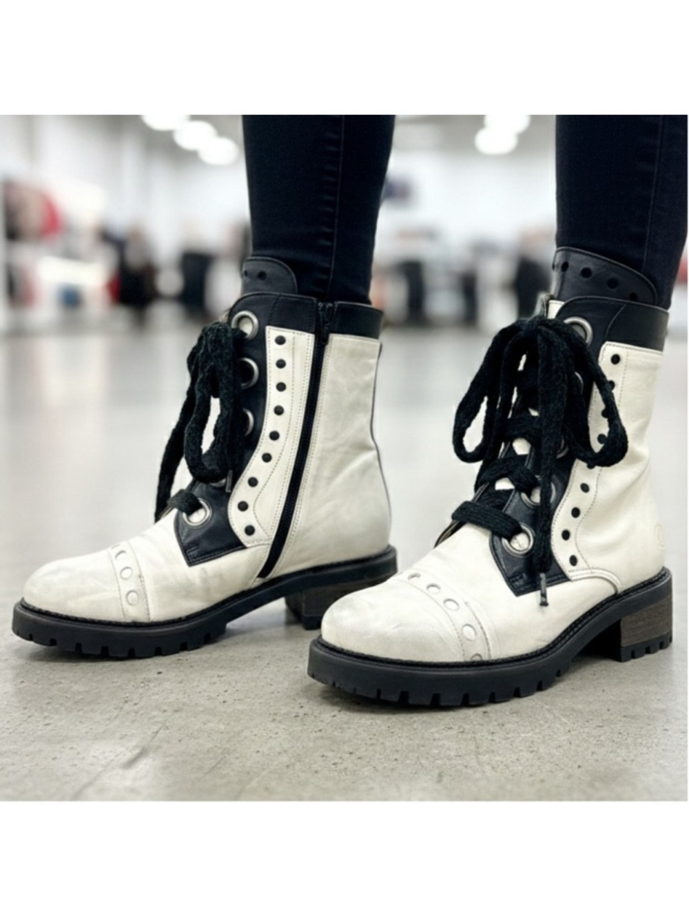 CASTA Ivory and Black Butter Soft Leather Combat Boots Size 37 (like miz mooz)
